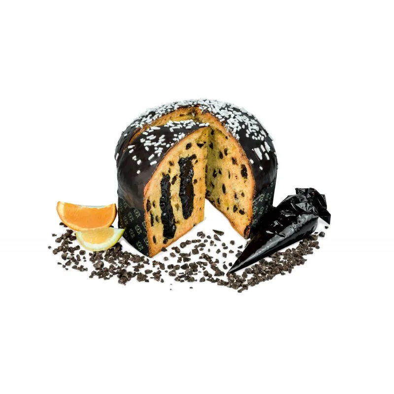 linea elegant Panettone agli agrumi con ciococlato di modica igp e crema di cioccolato di modica agli agrumi in sac a poche — Peluso 1964